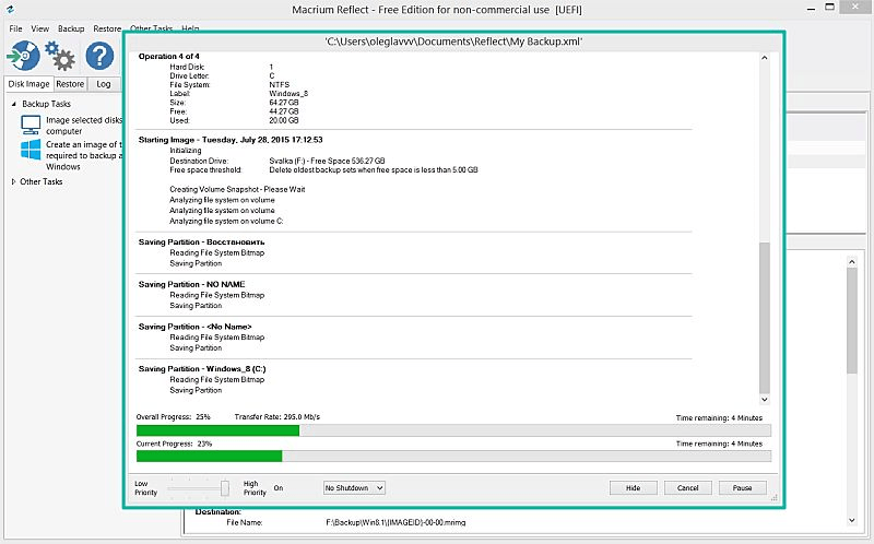 Ход копирования диска с Windows 10 в архивный образ в Macrium