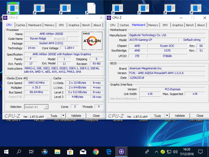 Результат разгона AMD Athlon 200GE на Gigabyte GA-AX370-Gaming