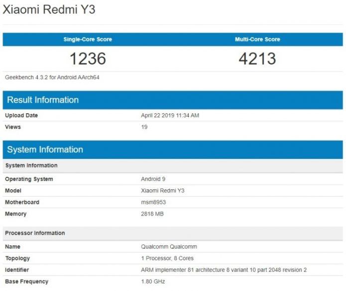 Результаты тестирования Redmi Y3 в Geekbench