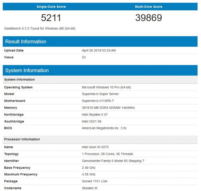 Результаты тестирования Intel Xeon W-3275 в Geekbench