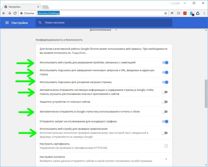 Настройки конфиденциальности в браузере Google Chrome