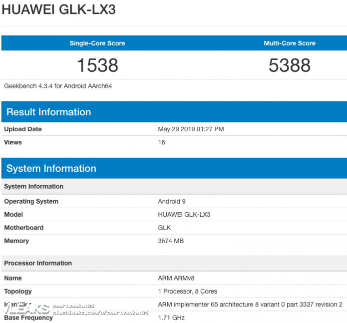 Результаты тестирования предполагаемого Huawei Nova 5I в Geekbench