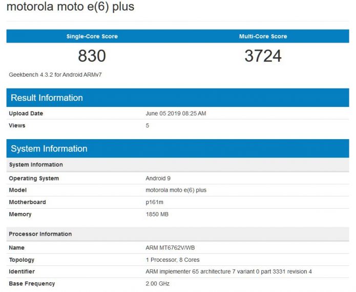 Результаты тестирования смартфона Moto E6 Plus в Geekbench