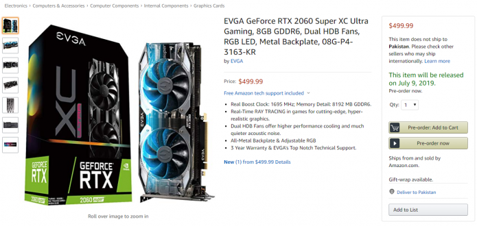 EVGA GeForce RTX 2060 Super XC Ultra в каталоге Amazon