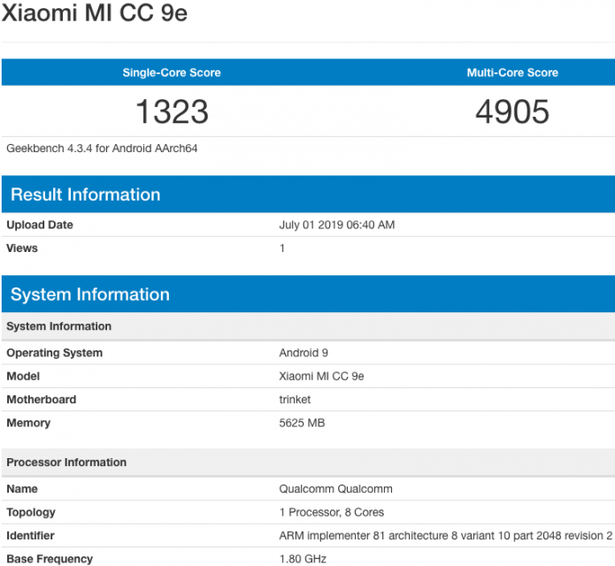Результаты тестирования Xiaomi Mi CC9e в Geekbench