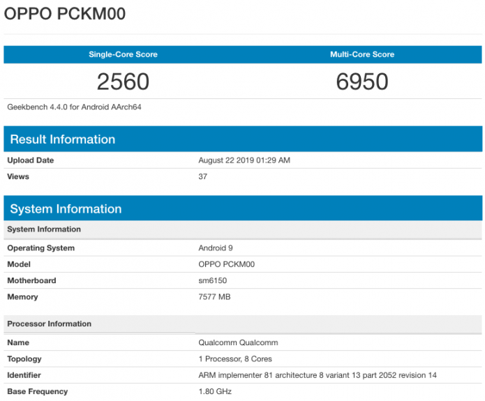 Результаты тестирования Oppo PCKM00 в Geekbench