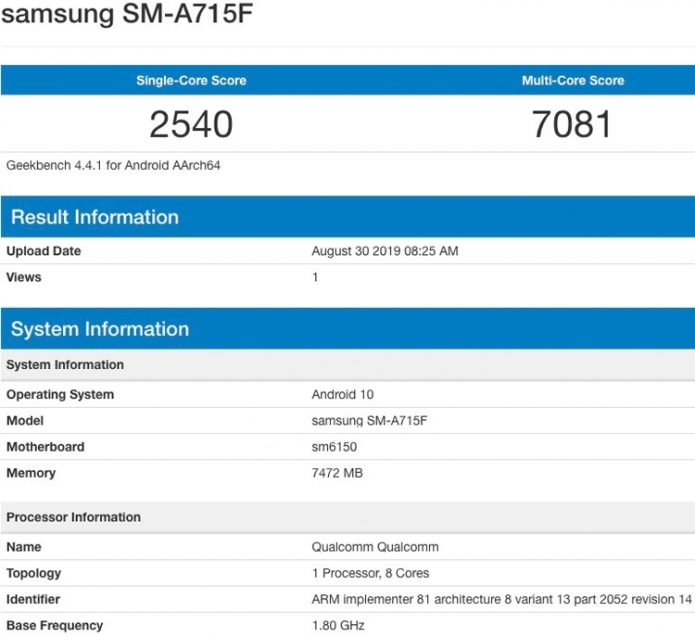 Результаты тестирования Samsung Galaxy A71 в Geekbench